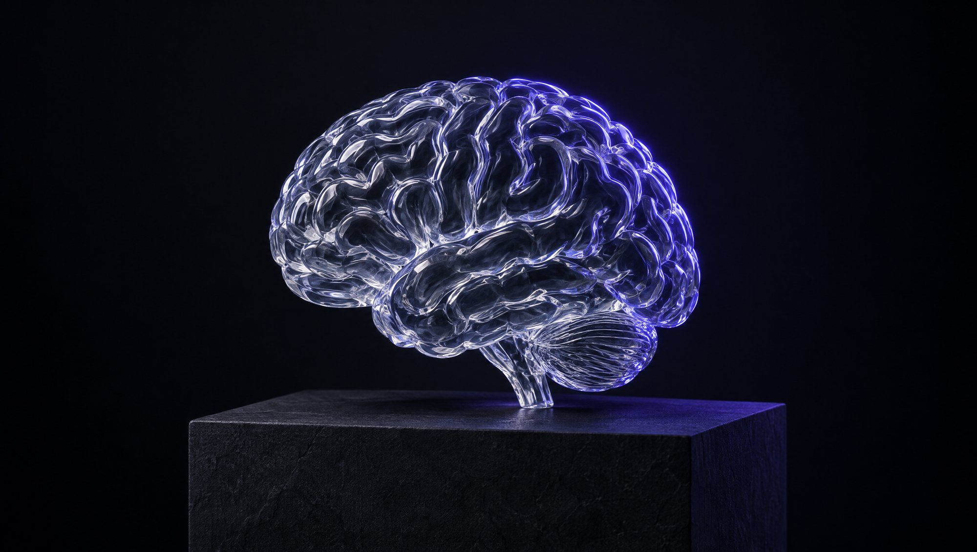 A clear glass sculpture of a human brain on a dark stone plinth, its folds traced by indigo light from behind.