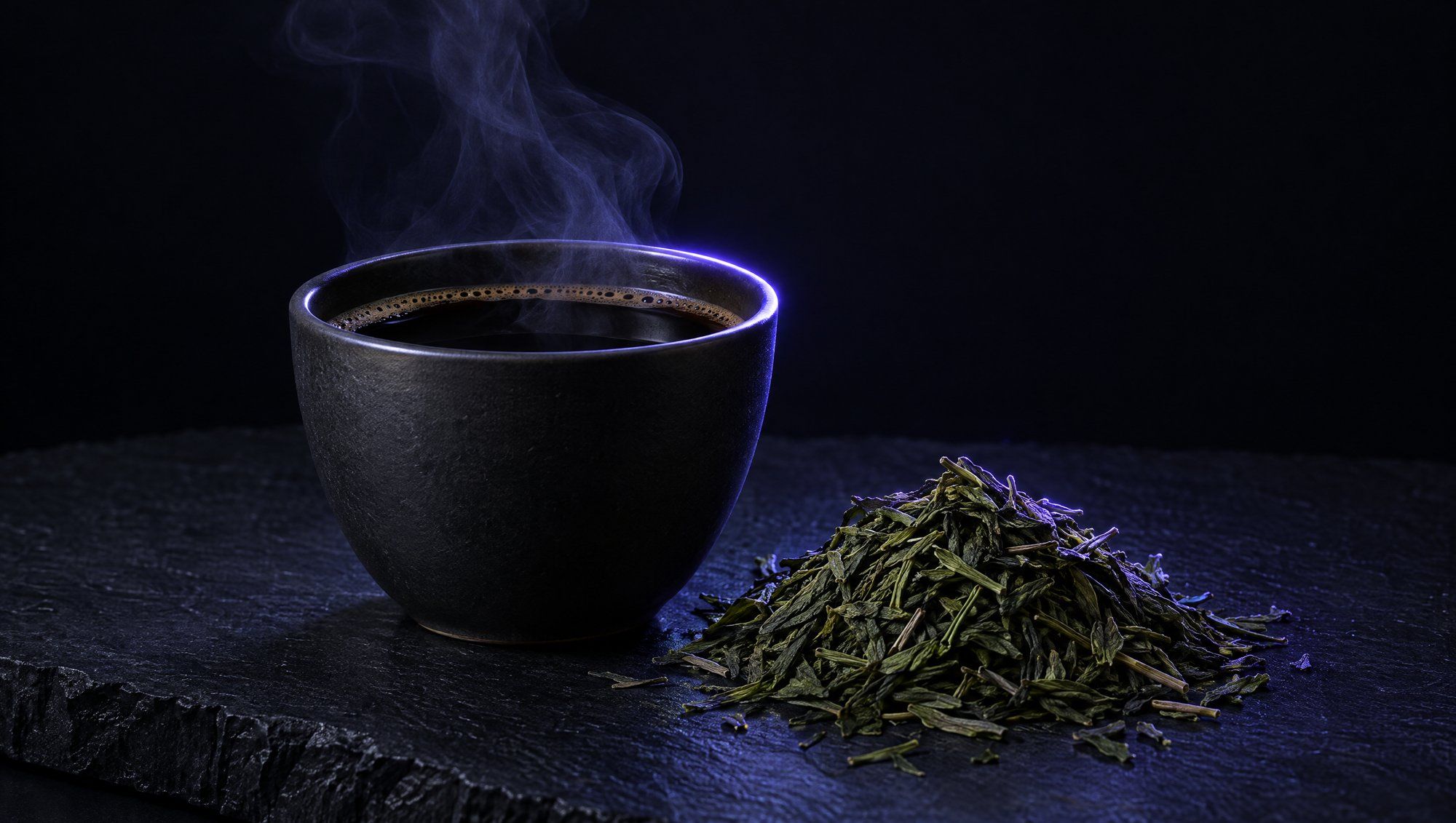 A dark ceramic cup of steaming black coffee beside a small heap of loose green tea leaves on dark slate, the cup rim edged in indigo light.