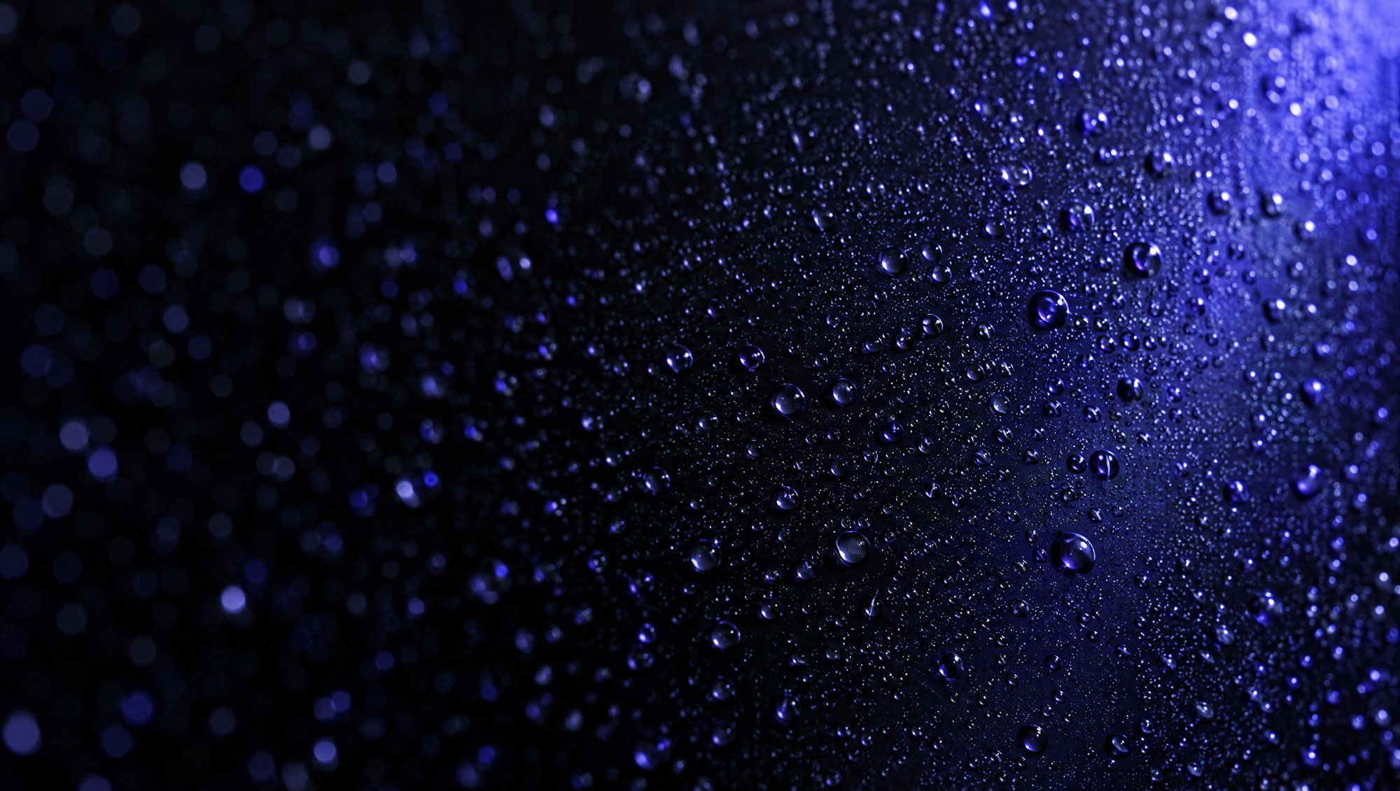 Close-up of tiny water droplets beaded on a sheet of dark glass, catching indigo light raking in from one side.