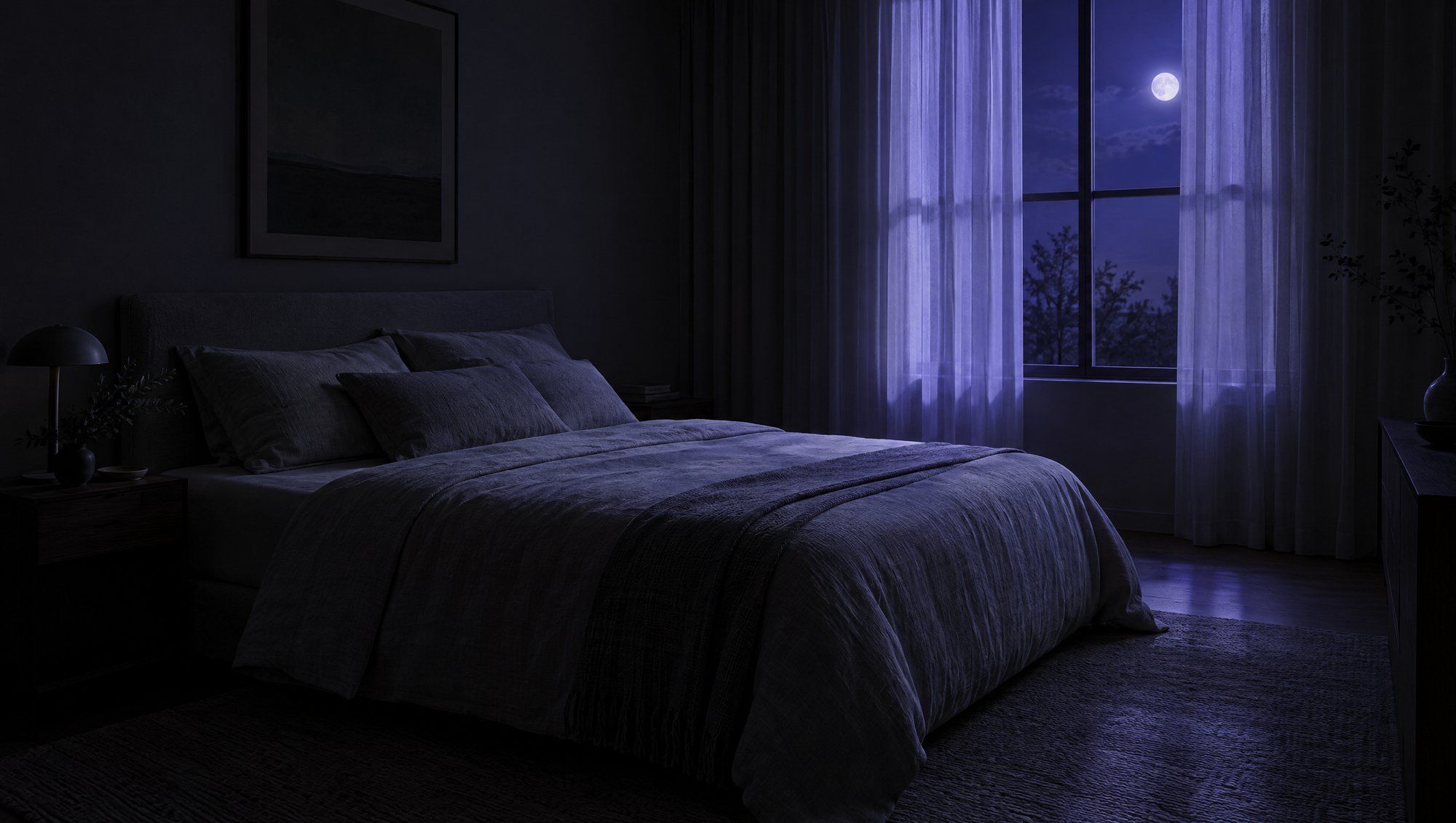 An empty bedroom at night with a neatly made bed in grey linen and sheer curtains letting in indigo moonlight.