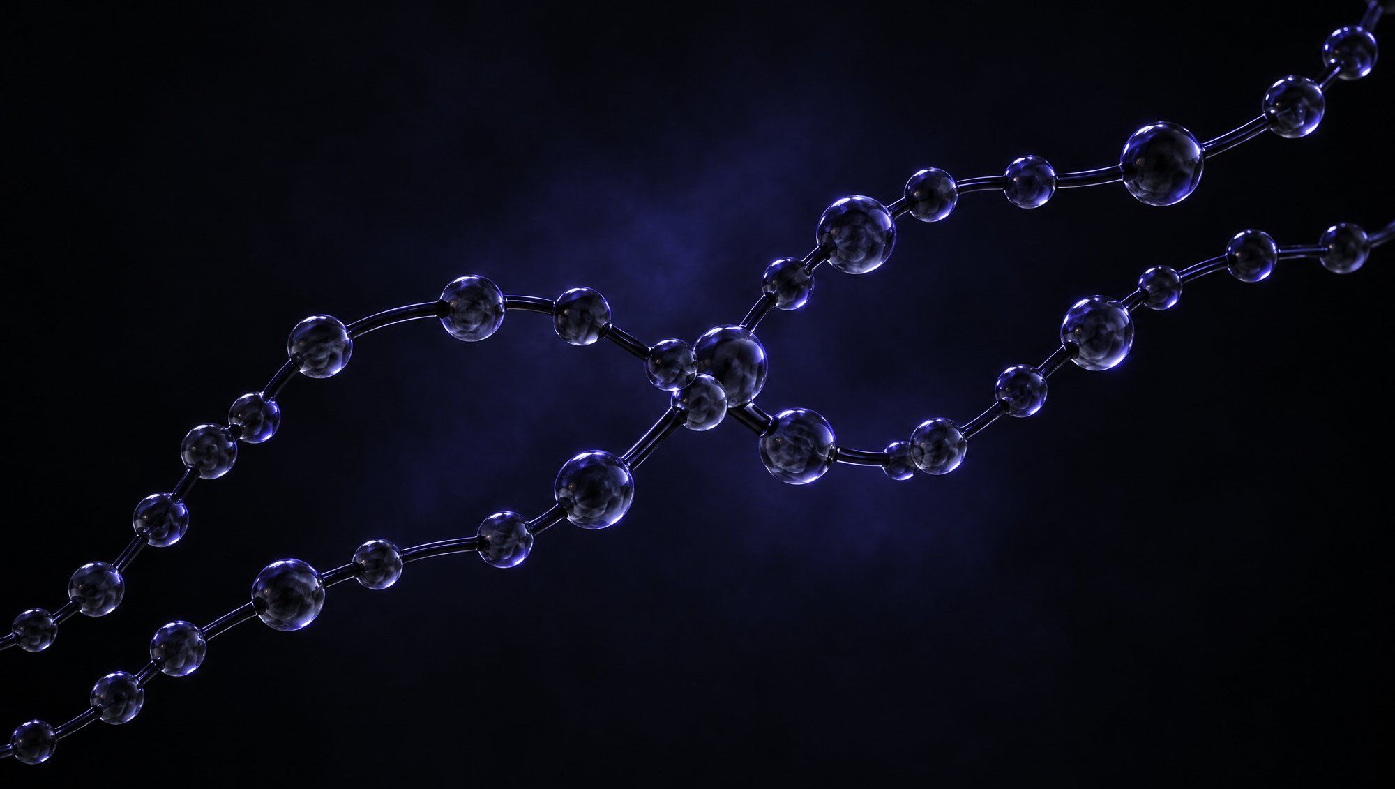 Two long chains of smoky glass beads joined by thin glass rods, crossing each other like two molecules, against black with indigo haze behind.